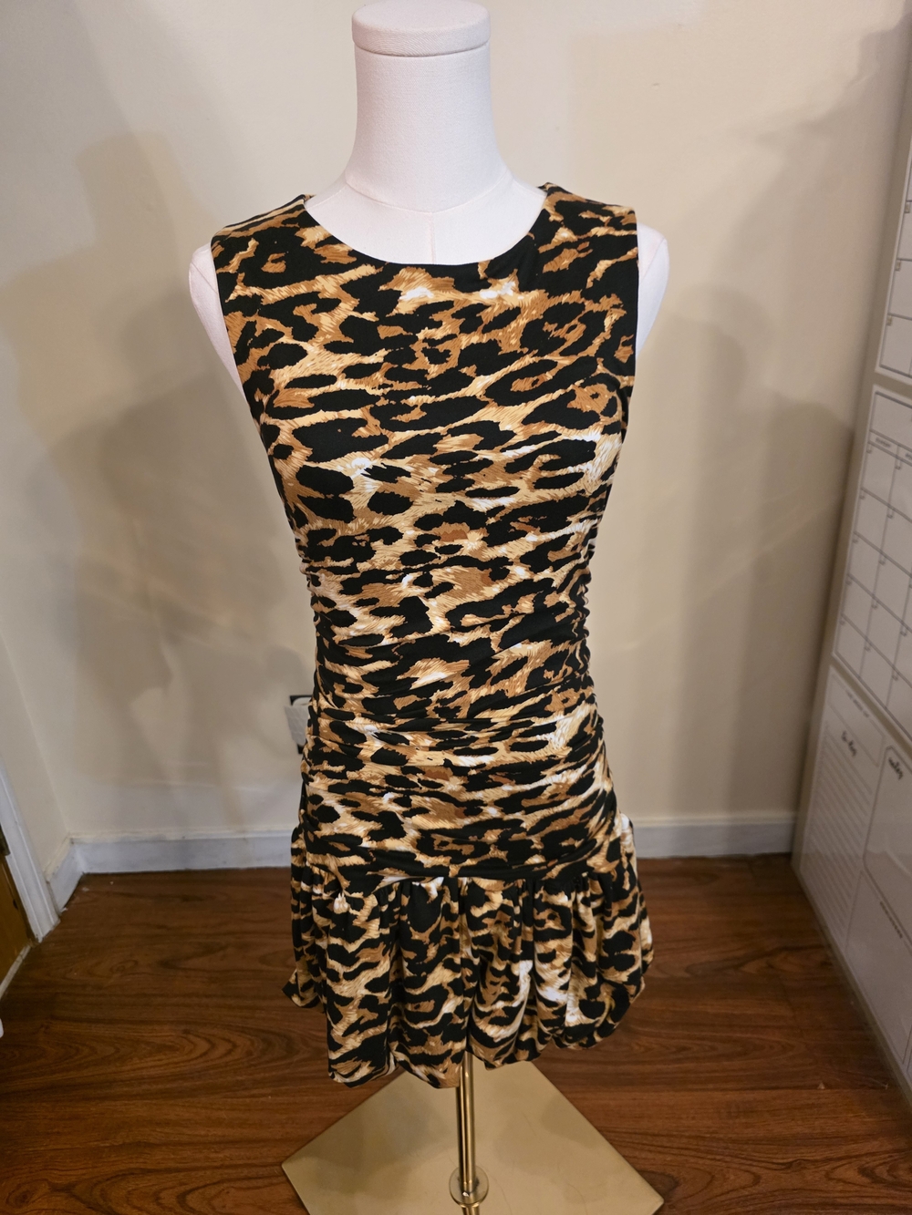 Leopard Print Sleeveless Ruched Mini Dress - Black & Tan